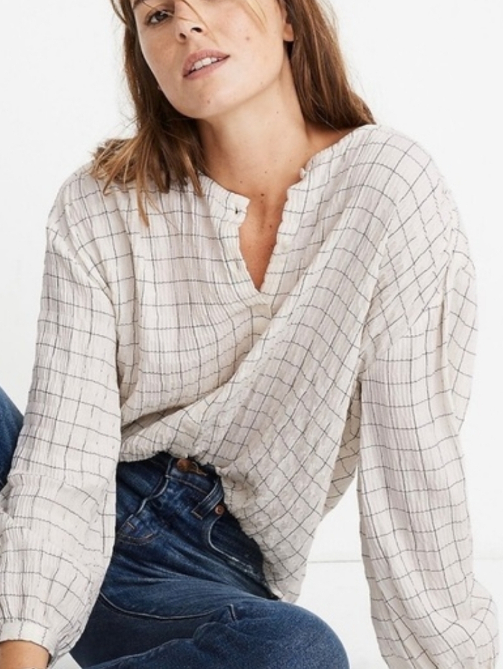 Madewell Gauzy Cotton Sunday Series Button Down Cream Grid | M | Minimalist